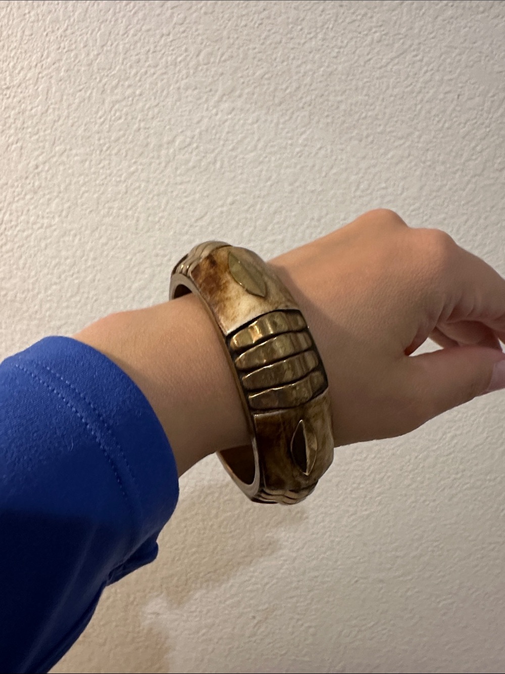 Vintage Wood Inlay Brass Bangle Bracelet